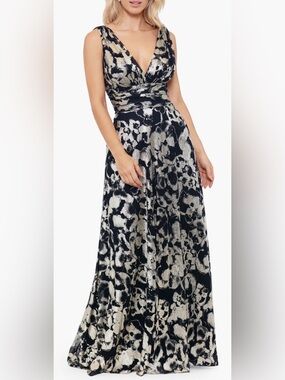 NEW Betsy & Adam Foil Print Sleeveless Mesh Navy Gold Gown sz 4